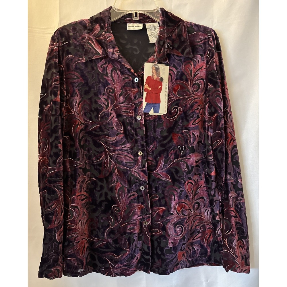 White Stag Shirt Womens 8-10 Purple Velvet Burnout Floral Button Up L Sleeve NWT